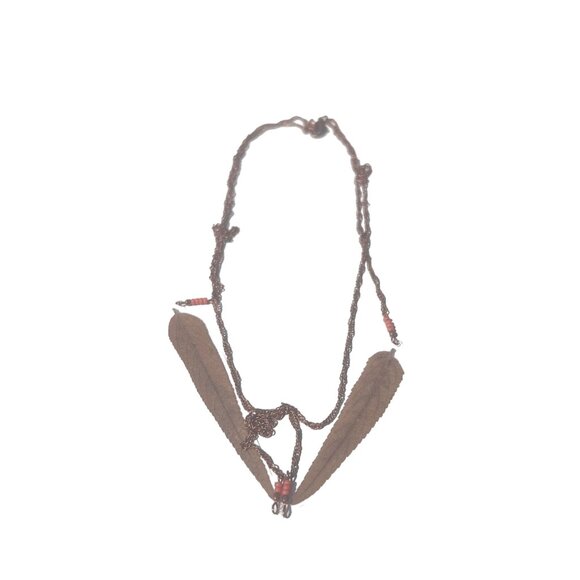 Inspired by Nature Boho Necklace with Natural Brown Leaves and Beads on Copper T - Picture 1 of 4